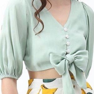 ChicWish Mint Green Tie Front Blouse